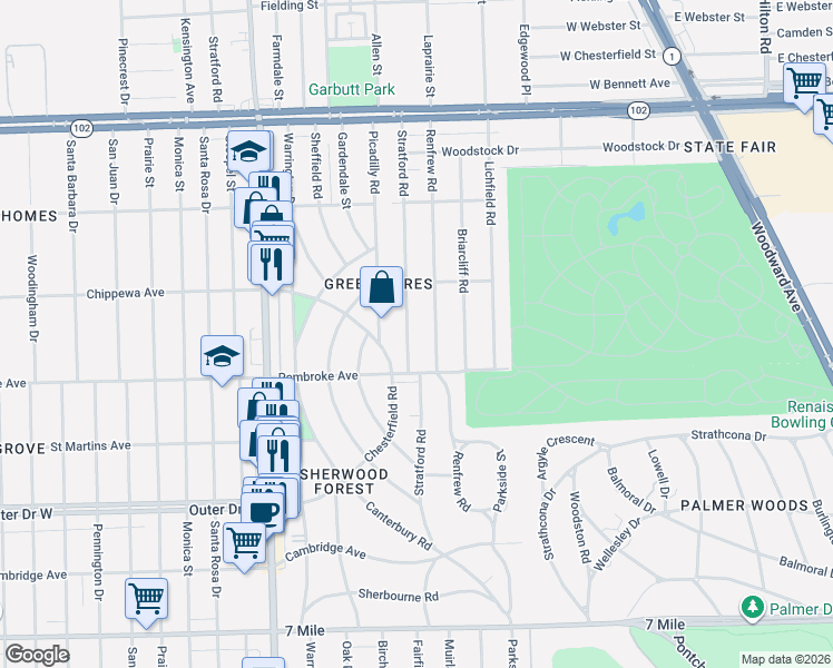 map of restaurants, bars, coffee shops, grocery stores, and more near 19930 Stratford Road in Detroit