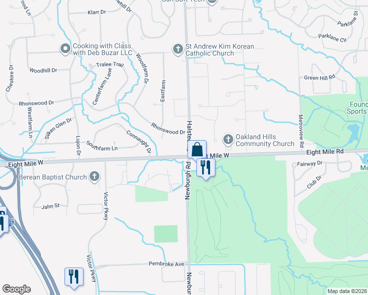 map of restaurants, bars, coffee shops, grocery stores, and more near 744 Eight Mile Road in Livonia
