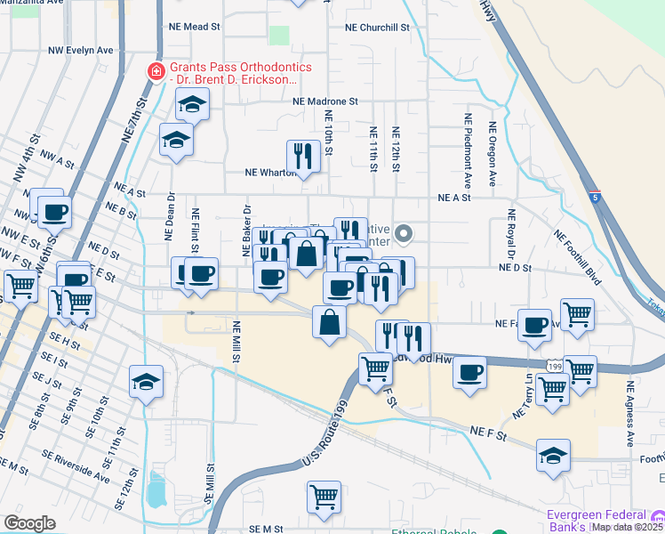 map of restaurants, bars, coffee shops, grocery stores, and more near 910 Northeast D Street in Grants Pass