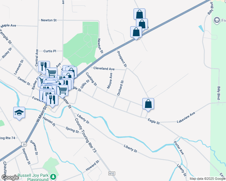 map of restaurants, bars, coffee shops, grocery stores, and more near 74 Cushing Street in Fredonia