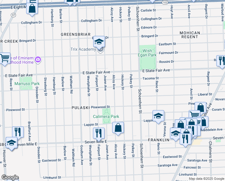 map of restaurants, bars, coffee shops, grocery stores, and more near 19617 Alcoy Street in Detroit