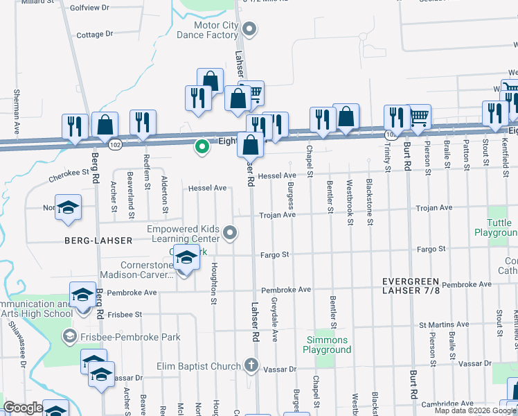map of restaurants, bars, coffee shops, grocery stores, and more near 20113 Lahser Road in Detroit