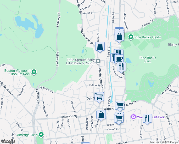 map of restaurants, bars, coffee shops, grocery stores, and more near 64 Brazil Street in Melrose