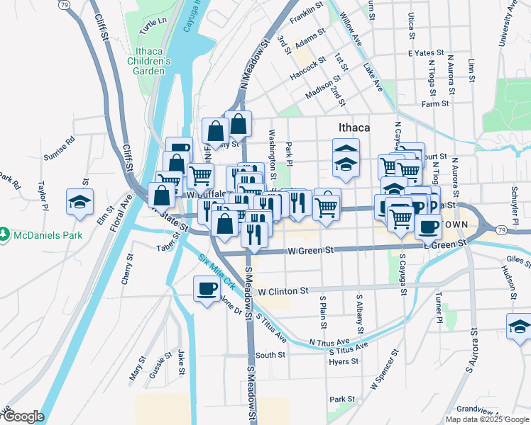 map of restaurants, bars, coffee shops, grocery stores, and more near 546 West Seneca Street in Ithaca