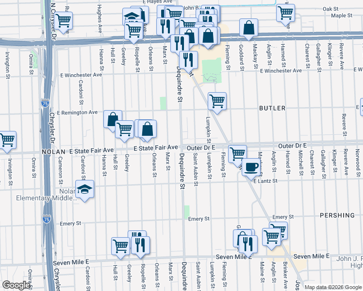 map of restaurants, bars, coffee shops, grocery stores, and more near Dequindre St & E State Fair in Detroit