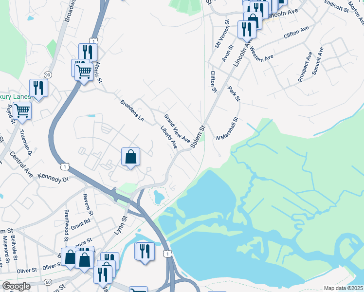 map of restaurants, bars, coffee shops, grocery stores, and more near 13 Fenwick Street in Revere