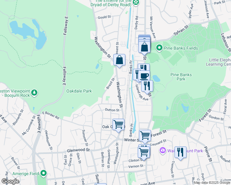 map of restaurants, bars, coffee shops, grocery stores, and more near 2 Washington Street in Melrose