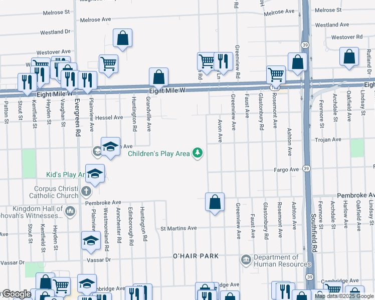 map of restaurants, bars, coffee shops, grocery stores, and more near 19400 Pembroke Avenue in Detroit