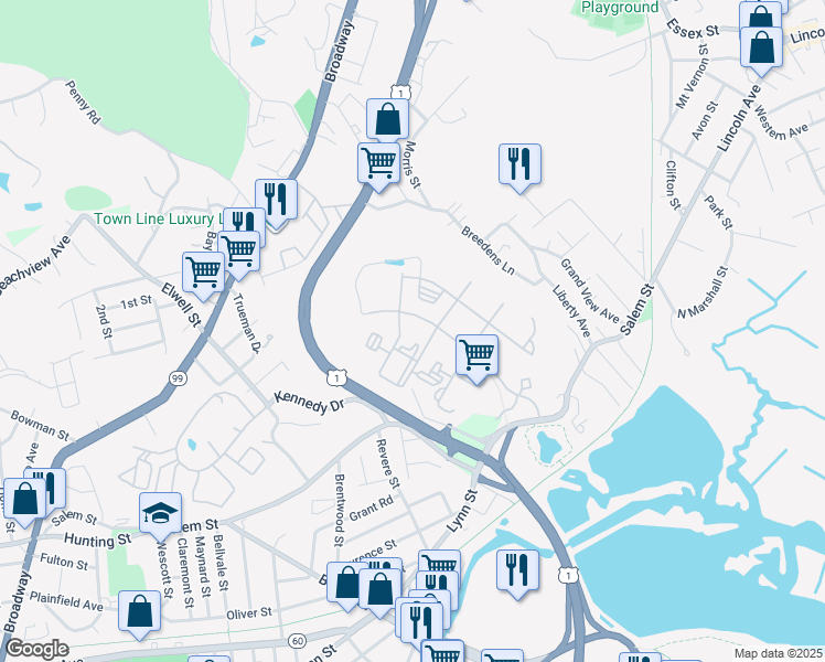 map of restaurants, bars, coffee shops, grocery stores, and more near 12 Quarry Lane in Malden