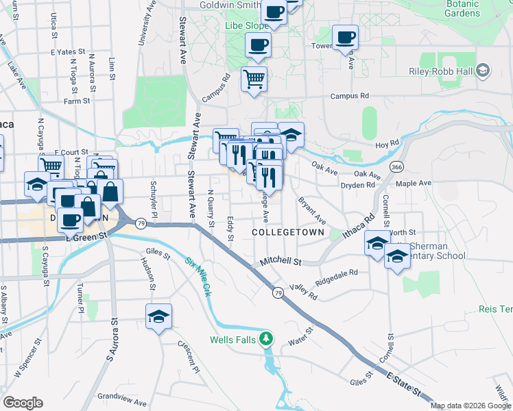 map of restaurants, bars, coffee shops, grocery stores, and more near 125 Catherine Street in Ithaca