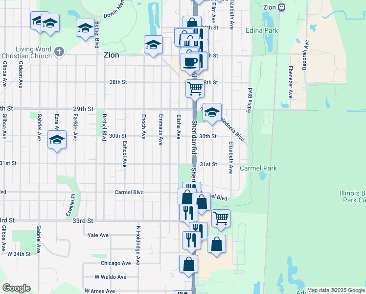 map of restaurants, bars, coffee shops, grocery stores, and more near 3019 Elisha Avenue in Zion