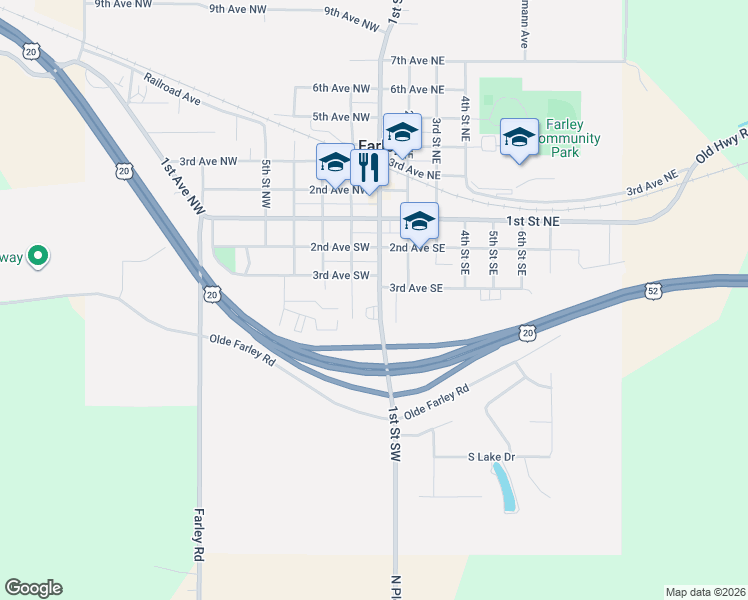 map of restaurants, bars, coffee shops, grocery stores, and more near 306 1st Street Southwest in Farley