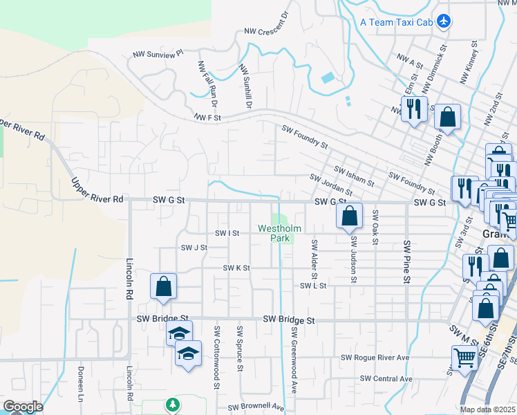 map of restaurants, bars, coffee shops, grocery stores, and more near 230 Southwest Wildwood Avenue in Grants Pass