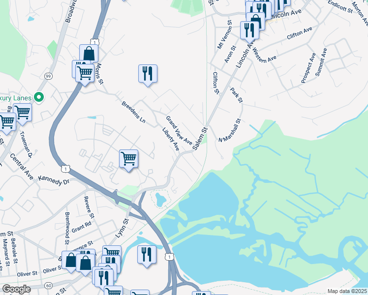 map of restaurants, bars, coffee shops, grocery stores, and more near 13 Fenwick Street in Revere