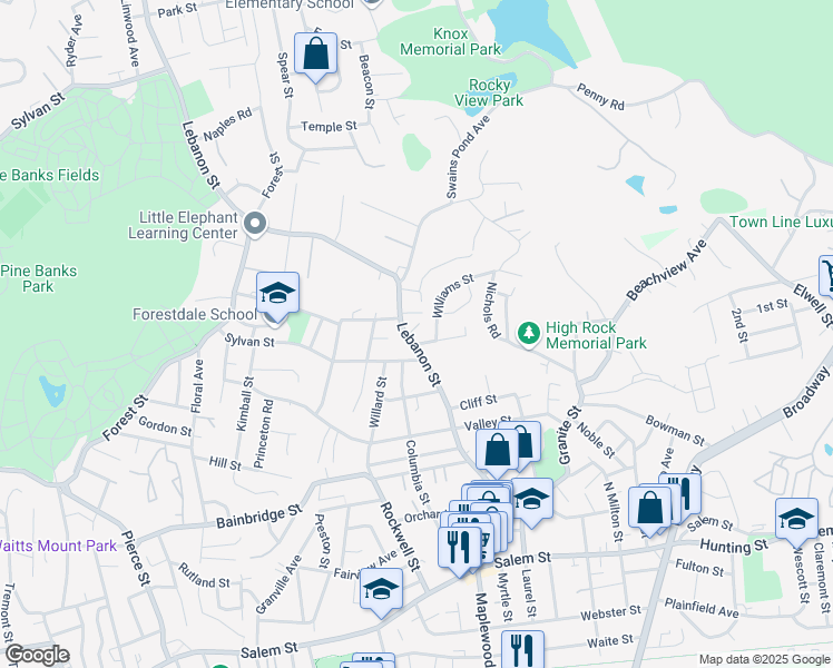 map of restaurants, bars, coffee shops, grocery stores, and more near 202 Sylvan Street in Malden