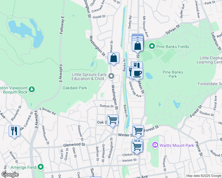 map of restaurants, bars, coffee shops, grocery stores, and more near 376 Washington Street in Malden