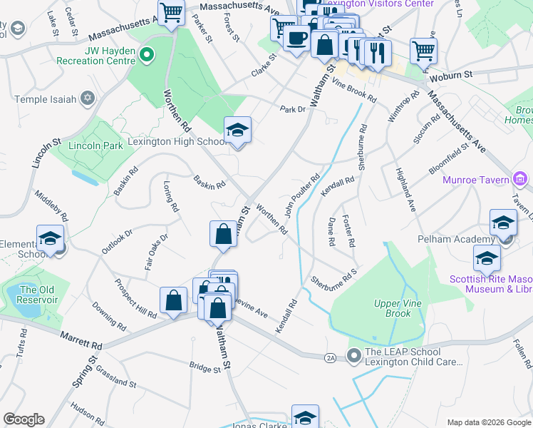 map of restaurants, bars, coffee shops, grocery stores, and more near 7 Captain Parker Arms in Lexington