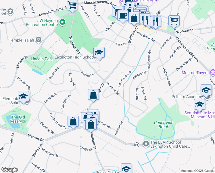 map of restaurants, bars, coffee shops, grocery stores, and more near 7 Captain Parker Arms in Lexington