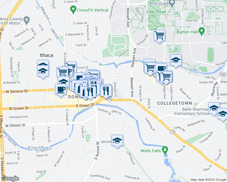 map of restaurants, bars, coffee shops, grocery stores, and more near in Ithaca