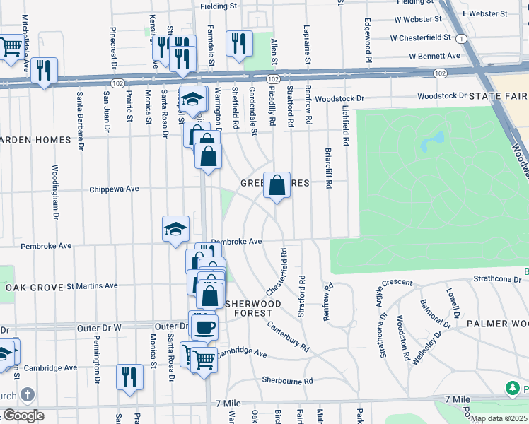 map of restaurants, bars, coffee shops, grocery stores, and more near 3737 Chippewa Street in Detroit