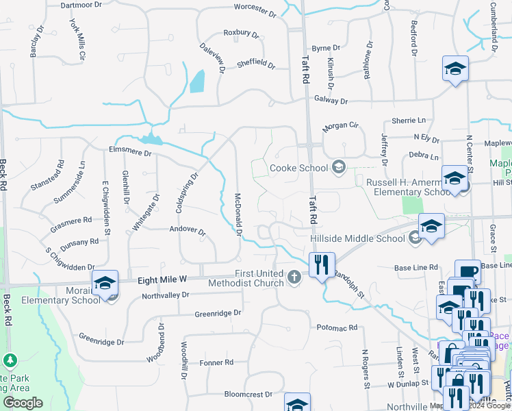 map of restaurants, bars, coffee shops, grocery stores, and more near 932 McDonald Drive in Northville