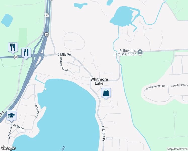 map of restaurants, bars, coffee shops, grocery stores, and more near 10470 Rosaltha in Whitmore Lake