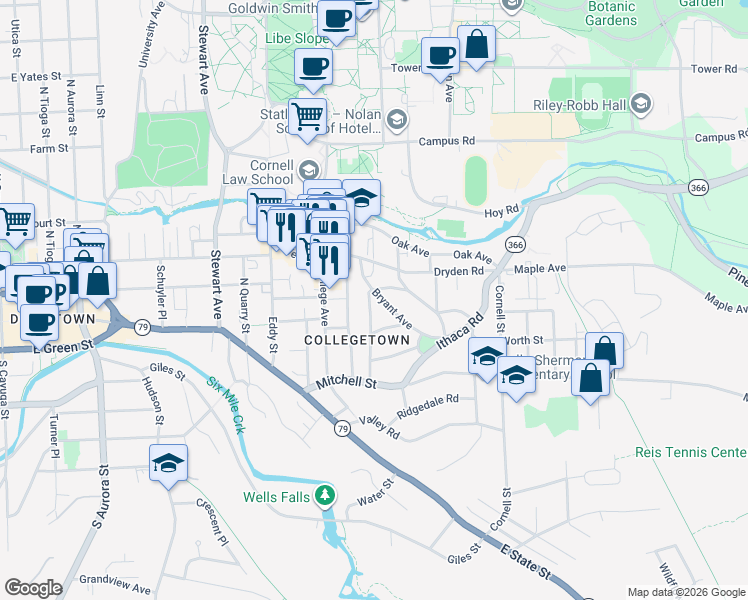 map of restaurants, bars, coffee shops, grocery stores, and more near 204 Delaware Avenue in Ithaca