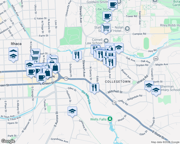 map of restaurants, bars, coffee shops, grocery stores, and more near 103 North Quarry Street in Ithaca