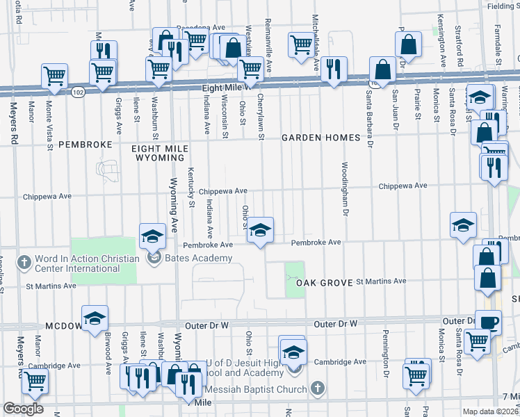 map of restaurants, bars, coffee shops, grocery stores, and more near 19954 Cherrylawn Street in Detroit