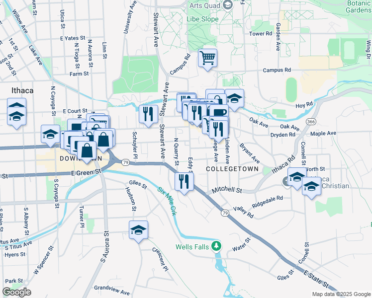 map of restaurants, bars, coffee shops, grocery stores, and more near 103 North Quarry Street in Ithaca