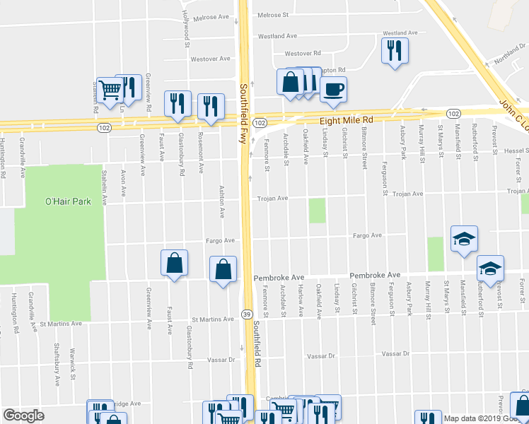 map of restaurants, bars, coffee shops, grocery stores, and more near 20085 Fenmore Street in Detroit