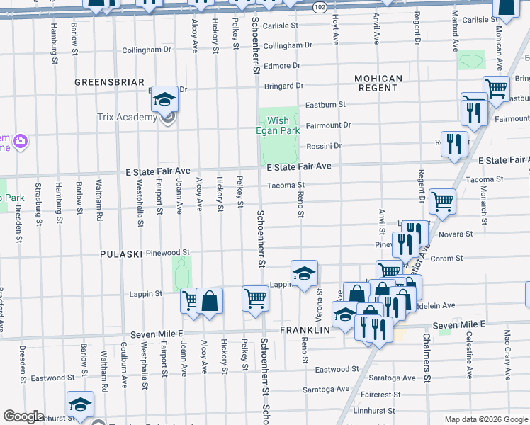 map of restaurants, bars, coffee shops, grocery stores, and more near 19636 Schoenherr Street in Detroit