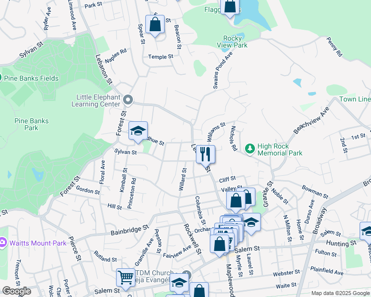 map of restaurants, bars, coffee shops, grocery stores, and more near 162 Sylvan Street in Malden