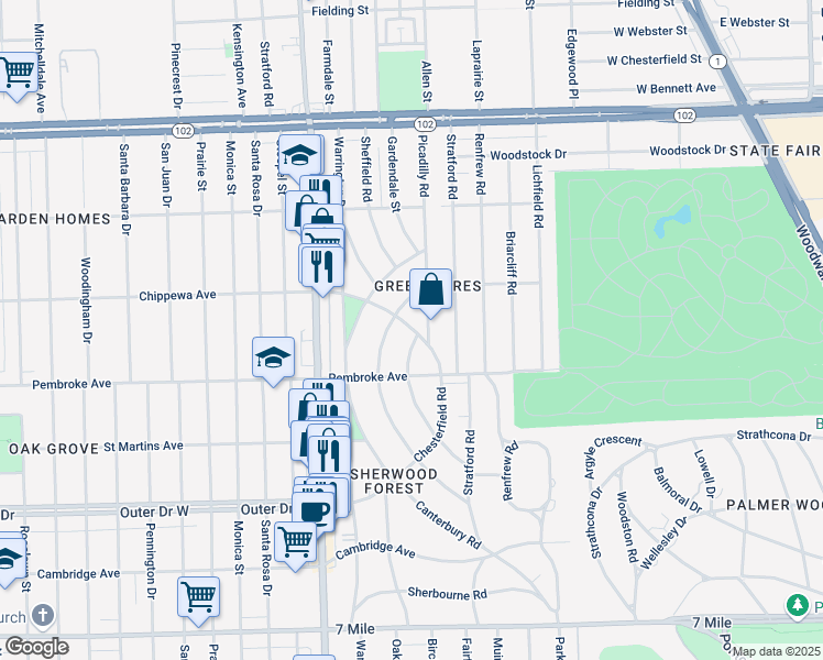 map of restaurants, bars, coffee shops, grocery stores, and more near 3737 Chippewa Street in Detroit