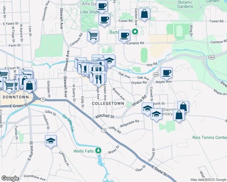 map of restaurants, bars, coffee shops, grocery stores, and more near 230 Bryant Avenue in Ithaca