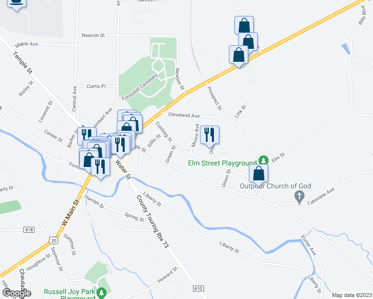 map of restaurants, bars, coffee shops, grocery stores, and more near 62 Cushing Street in Fredonia