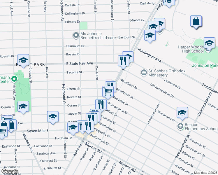 map of restaurants, bars, coffee shops, grocery stores, and more near 16452 Manning Street in Detroit