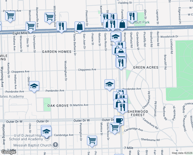 map of restaurants, bars, coffee shops, grocery stores, and more near 20051 Monica Street in Detroit