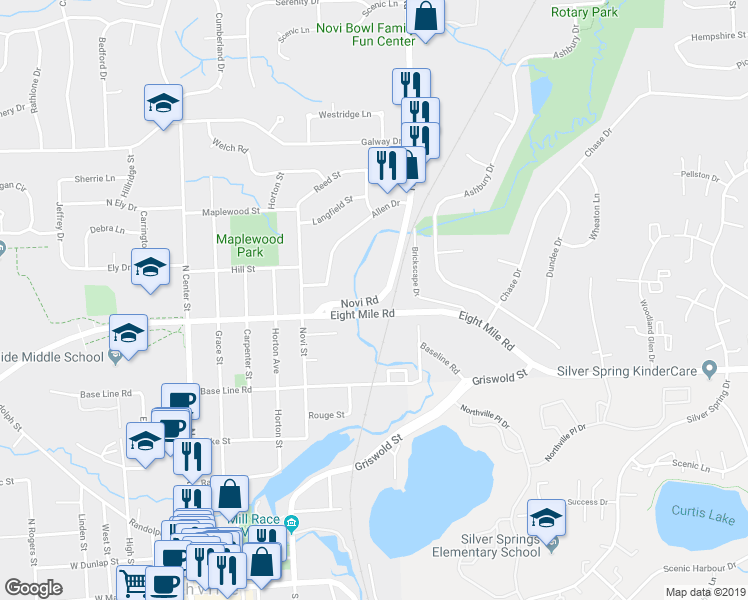 map of restaurants, bars, coffee shops, grocery stores, and more near 887 Novi Road in Northville