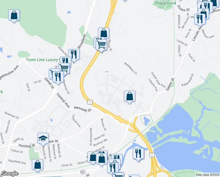 map of restaurants, bars, coffee shops, grocery stores, and more near 13 Quarry Lane in Malden