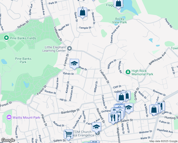 map of restaurants, bars, coffee shops, grocery stores, and more near 35 Wilbur Street in Malden