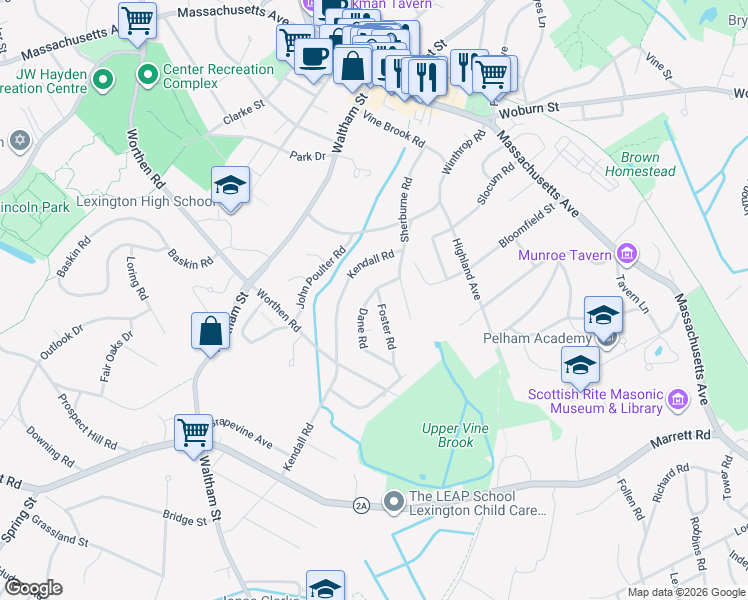 map of restaurants, bars, coffee shops, grocery stores, and more near 121 Kendall Road in Lexington