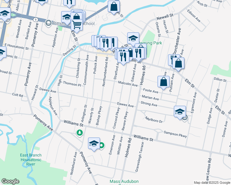 map of restaurants, bars, coffee shops, grocery stores, and more near 95 Stratford Avenue in Pittsfield