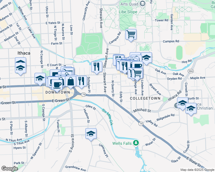 map of restaurants, bars, coffee shops, grocery stores, and more near 207-09 Stewart Avenue in Ithaca