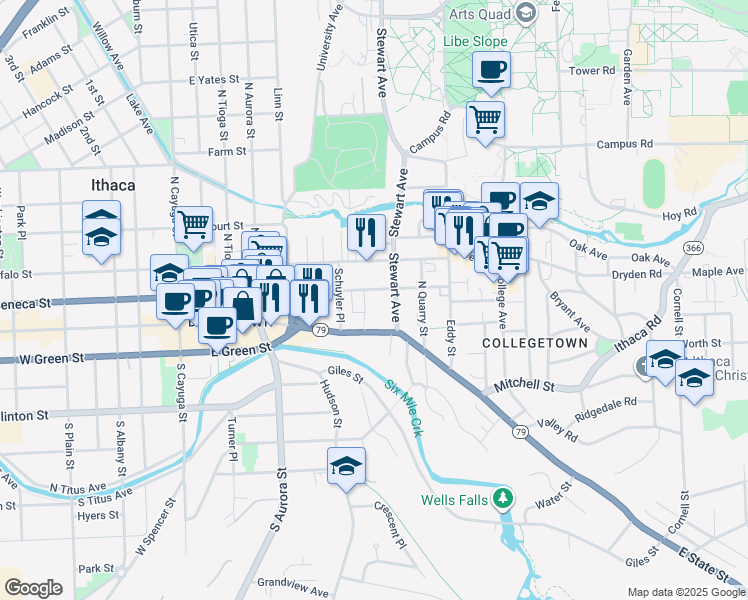 map of restaurants, bars, coffee shops, grocery stores, and more near 512 East Seneca Street in Ithaca