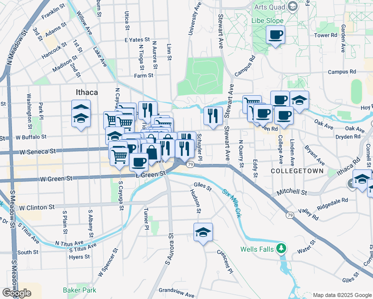 map of restaurants, bars, coffee shops, grocery stores, and more near 109 Parker Street in Ithaca