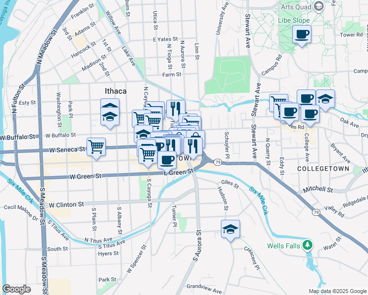 map of restaurants, bars, coffee shops, grocery stores, and more near 217 North Aurora Street in Ithaca