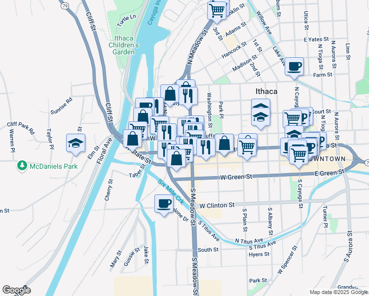 map of restaurants, bars, coffee shops, grocery stores, and more near 607 West Buffalo Street in Ithaca