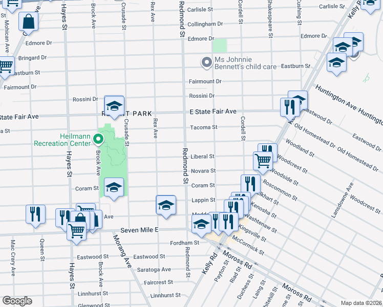 map of restaurants, bars, coffee shops, grocery stores, and more near 15910 Manning Street in Detroit