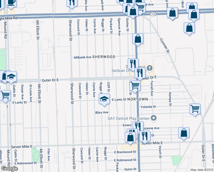 map of restaurants, bars, coffee shops, grocery stores, and more near 4247 Outer Drive East in Detroit